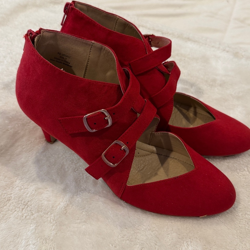 Red Women's Shoes with Heels and Buckle Strap Detail